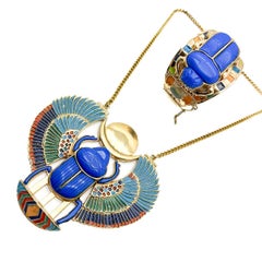 Vintage Egyptian Revival Scarab Necklace and Cuff 1970s