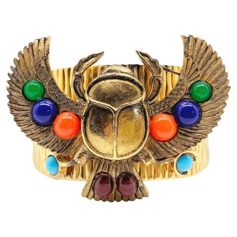 Vintage Egyptian Revival Stone Set Scarab Cuff 1970s For Sale