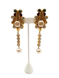 Vintage Egyptian Revival Style Faux Pearl Diamanté Rhinestone Statement Earrings