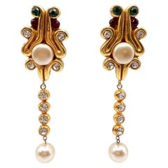 Vintage Egyptian Revival Style Faux Pearl Diamanté Rhinestone Statement Earrings