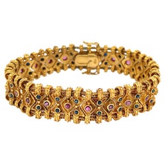 Vintage Egyptian Ruby Sapphire Wide Quilted Link Bracelet in 18k Yellow Gold