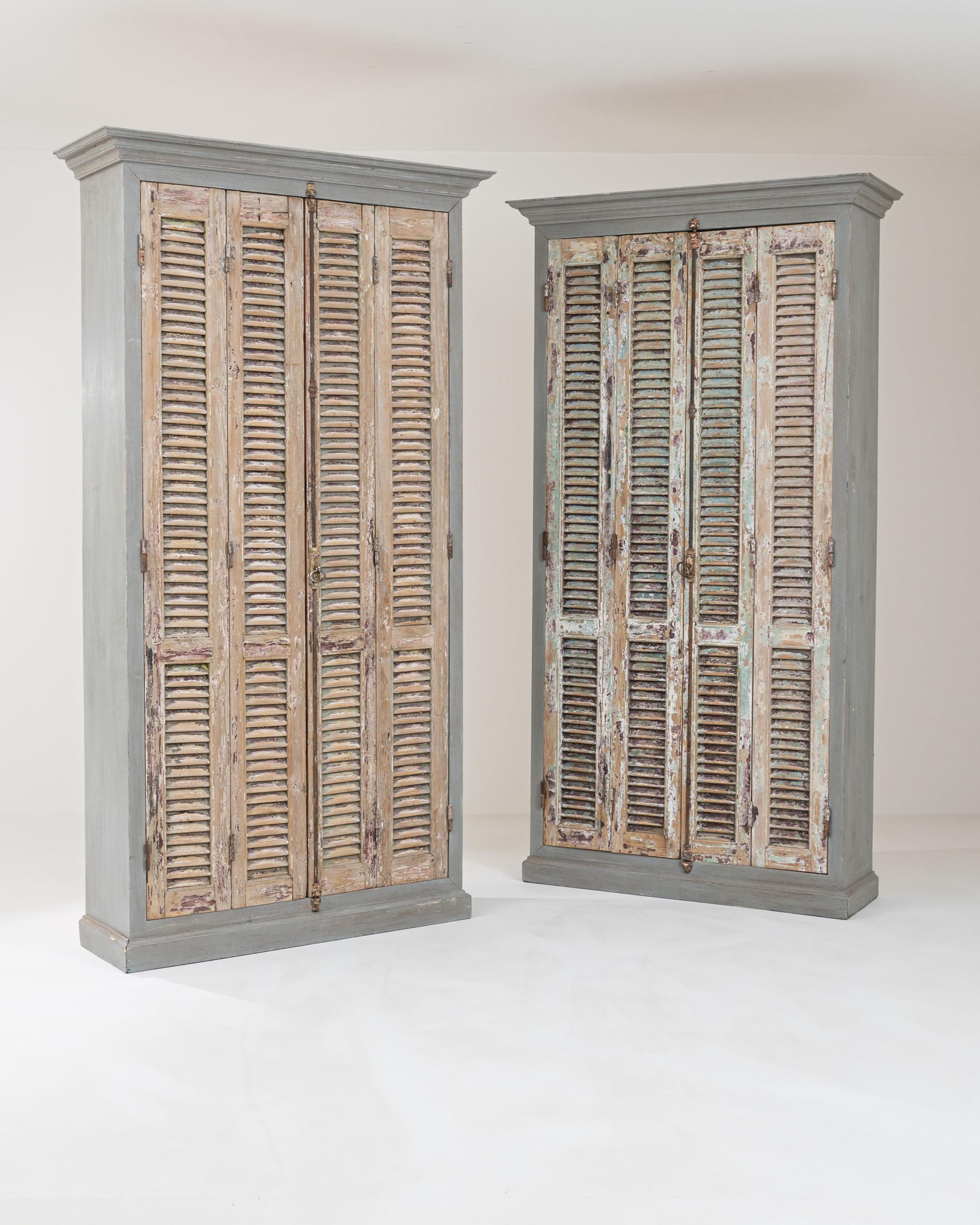 Composed from vintage architectural elements, this eclectic piece originates in Northern Africa, a land where East and West meet, this full-height cabinet is useful as a wardrobe, linen press, or all purpose storage. Constructed from large shutter