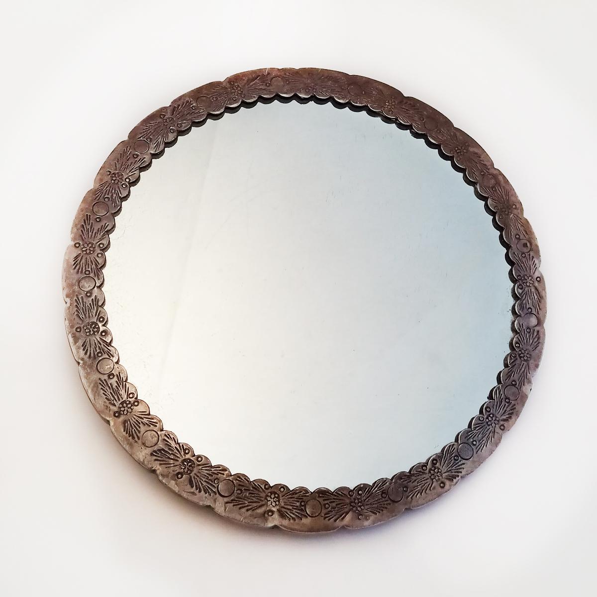 Women's or Men's Vintage Egyptian silver .900 vanity table round Peacock design mirror 8.5 inches For Sale