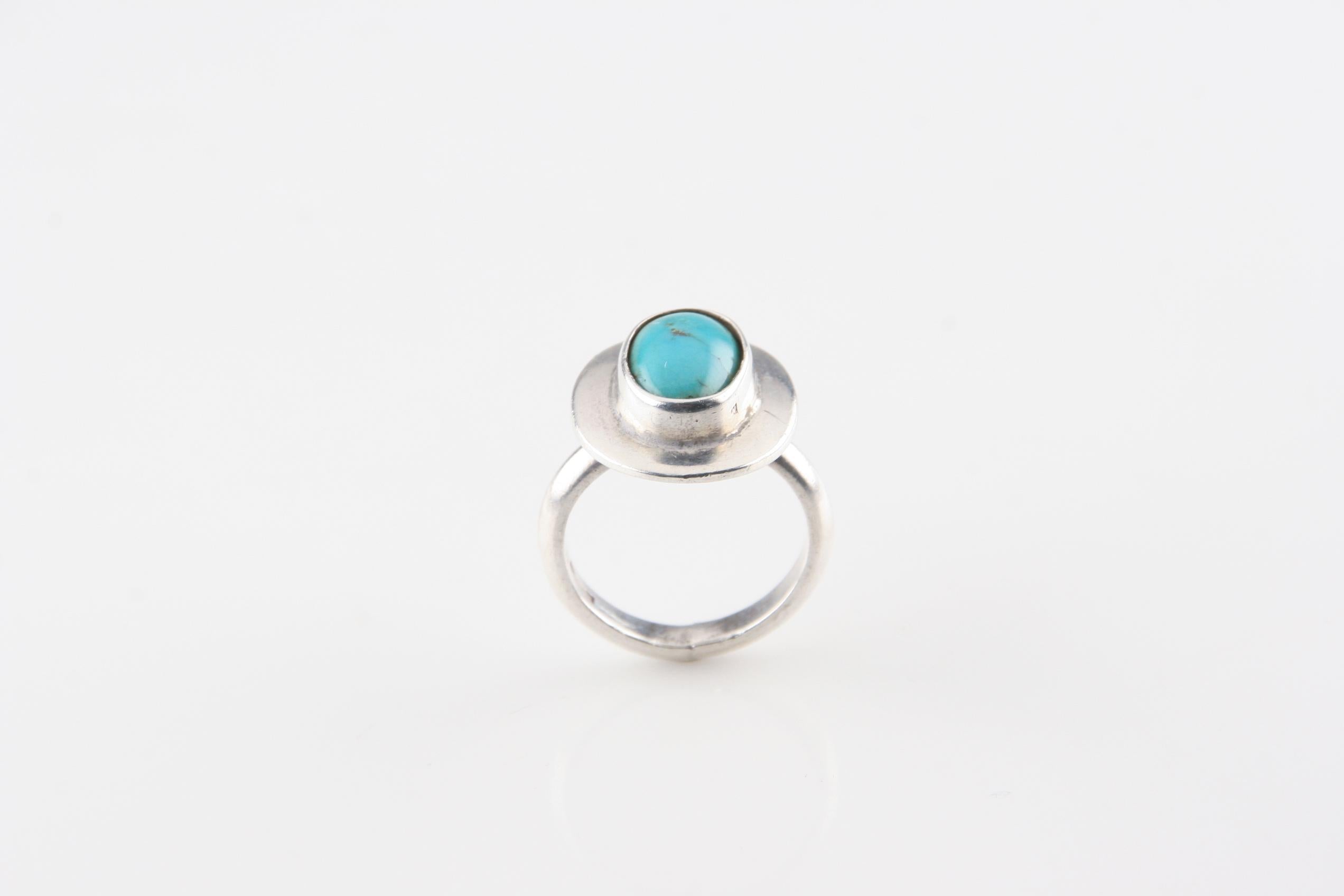Cabochon Vintage Egyptian Silver Natural Turquoise Oval Ring, Size 8 For Sale