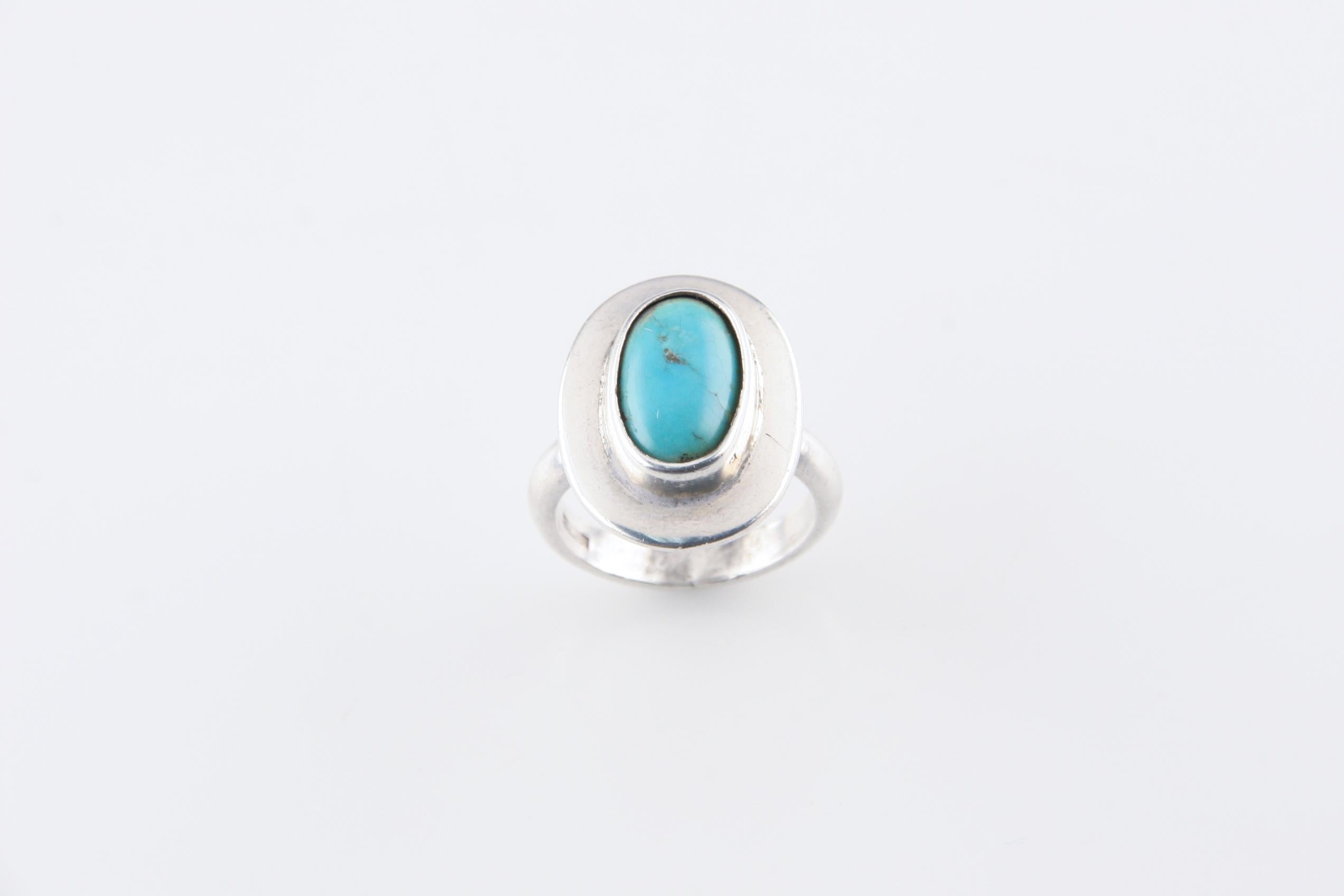 Vintage Egyptian Silver Natural Turquoise Oval Ring, Size 8 In Good Condition For Sale In Van Nuys, CA
