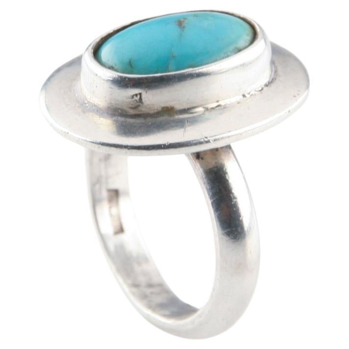 Vintage Egyptian Silver Natural Turquoise Oval Ring, Size 8 For Sale