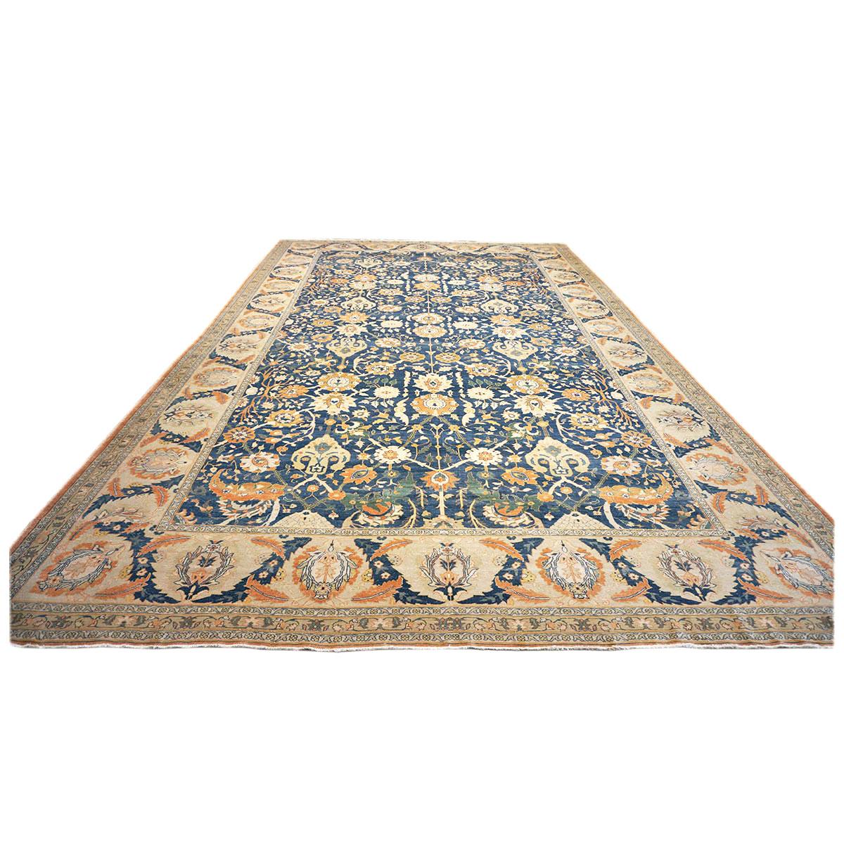 Vintage Egyptian Sultanabad 13x21 Blue, Ivory, & Orange Handmade Area Rug In Fair Condition For Sale In Houston, TX