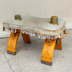 Vintage Egyptian Wood Camel Saddle Foot Stool w/ Leather Cushion & Brass Detail
