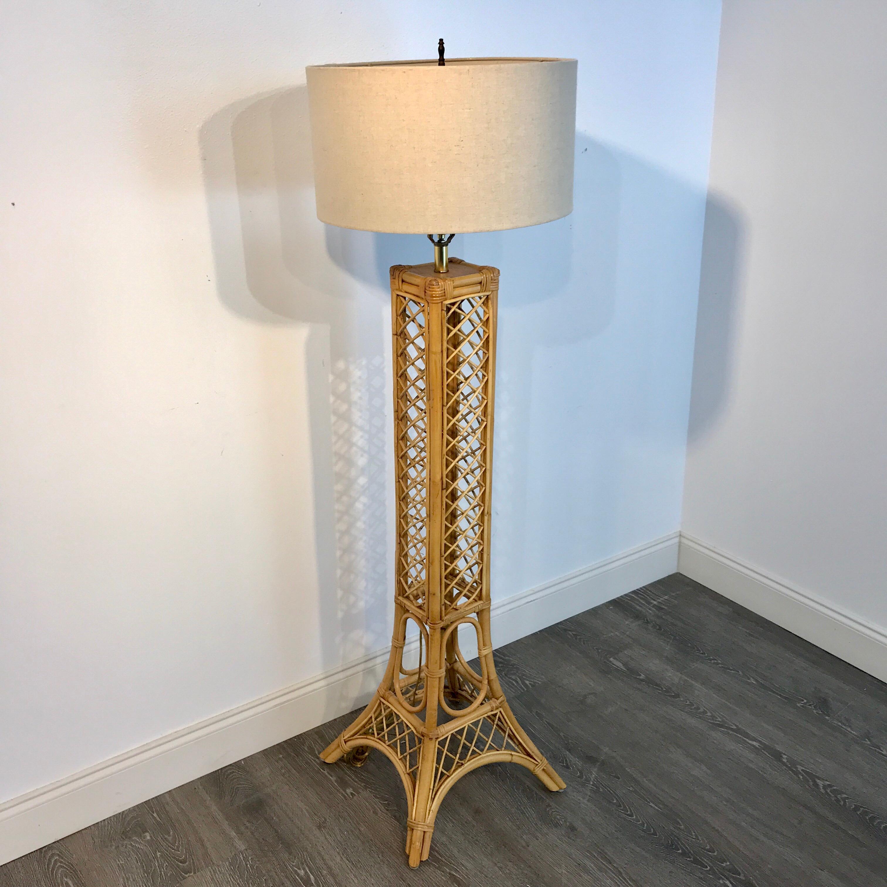 Vintage Eiffel Tower rattan floor lamp, new wiring. Shown with a 10