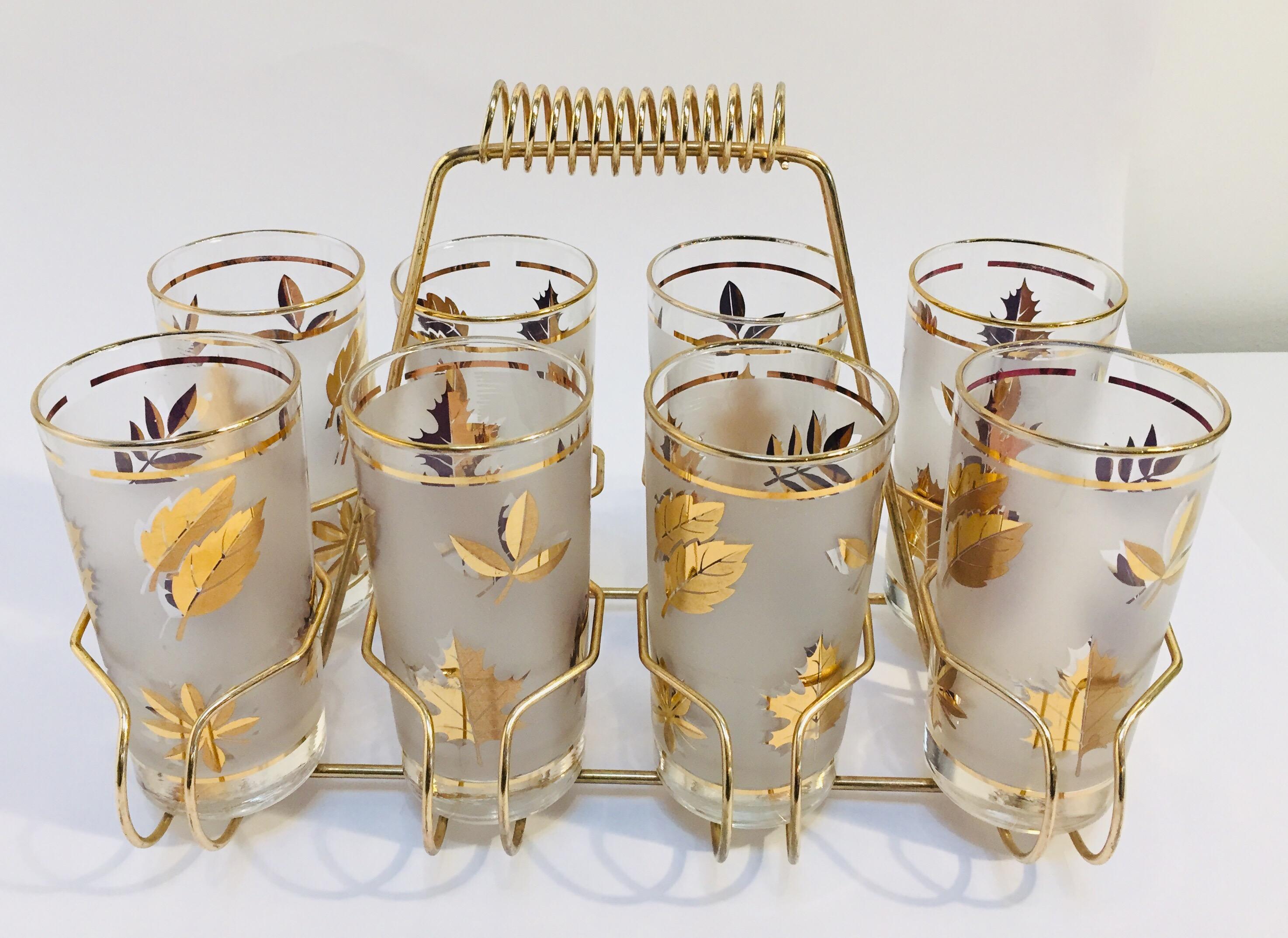 American Vintage Eight Highball Black and Gold Glasses in a Brass Cart by Fred Press