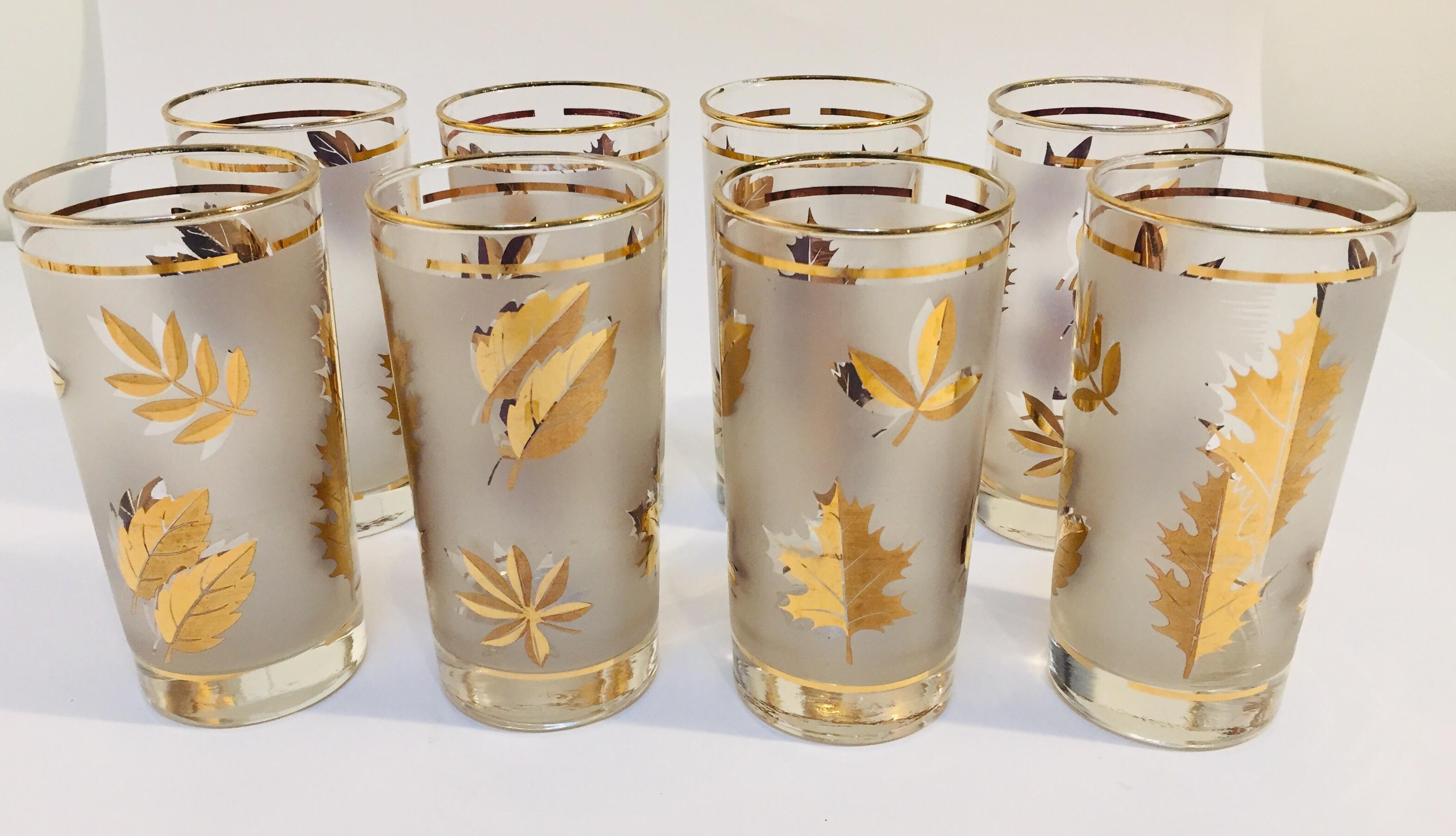20th Century Vintage Eight Highball Black and Gold Glasses in a Brass Cart by Fred Press