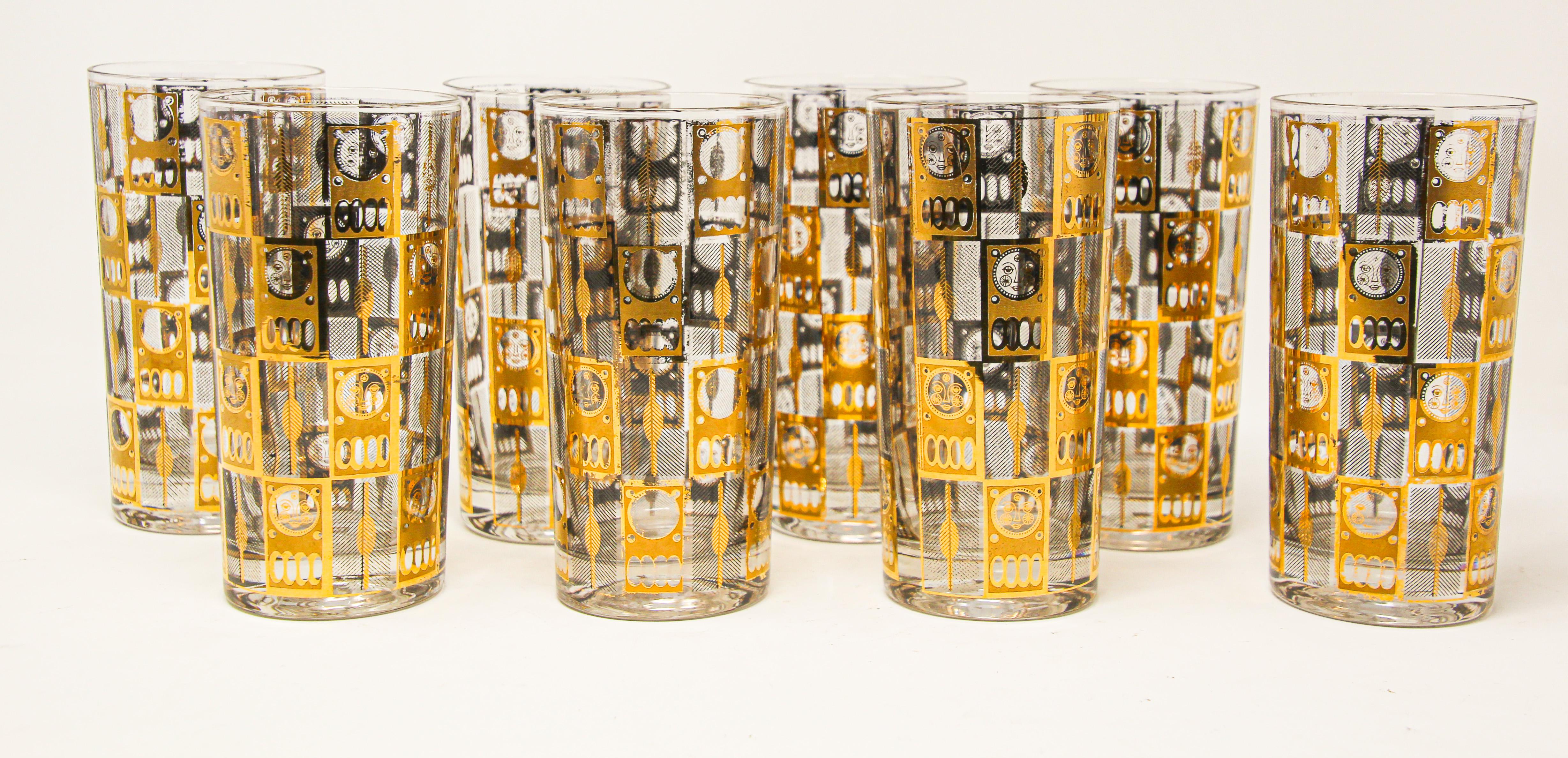 Vintage Eight Highball Brown and Gold Glasses in a Cart by Culver 5