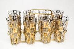 Vintage Eight Highball Brown and Gold Glasses in a Cart by Culver