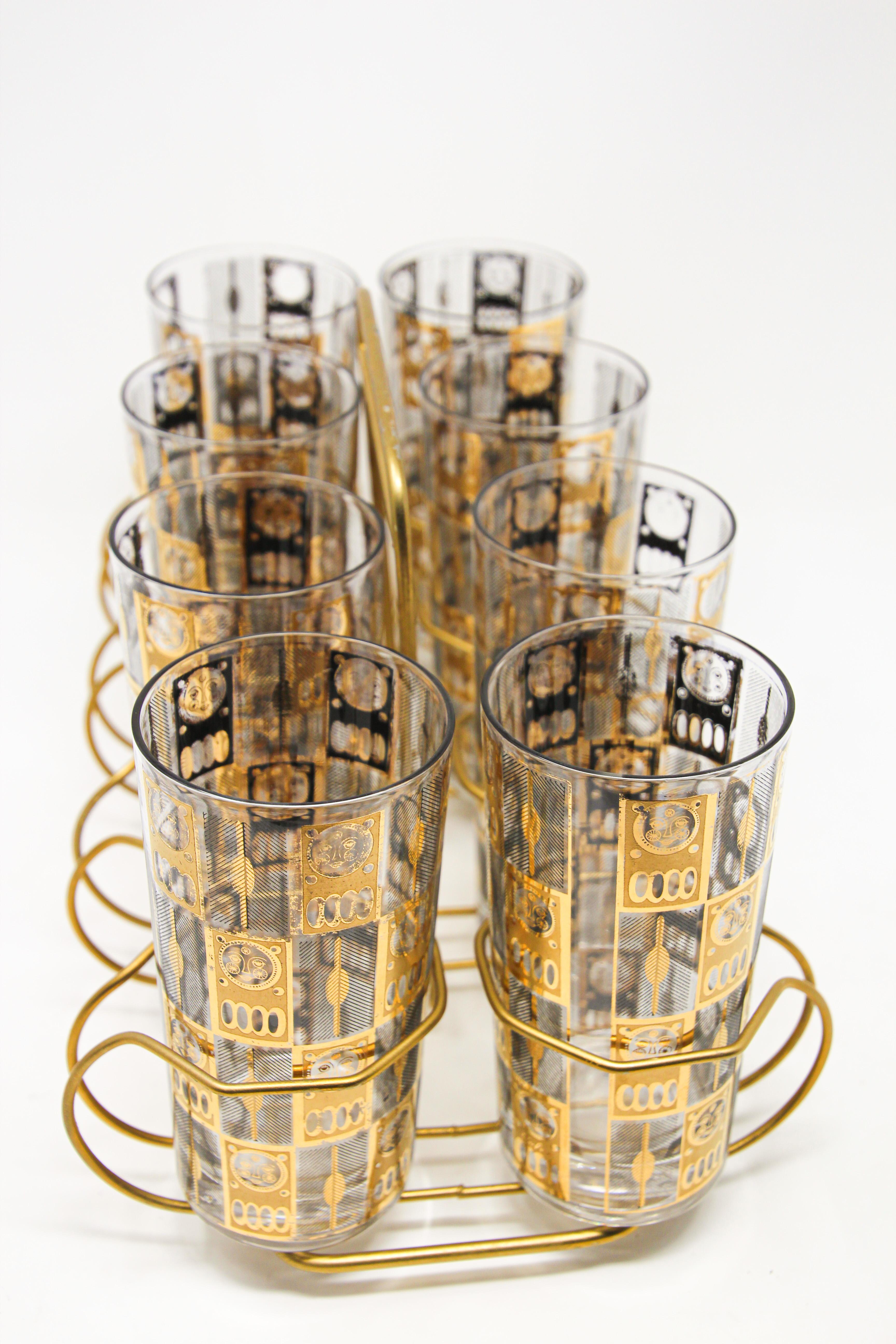 Mid-Century Modern Vintage Eight Highball Brown and Gold Glasses in a Cart by Culver
