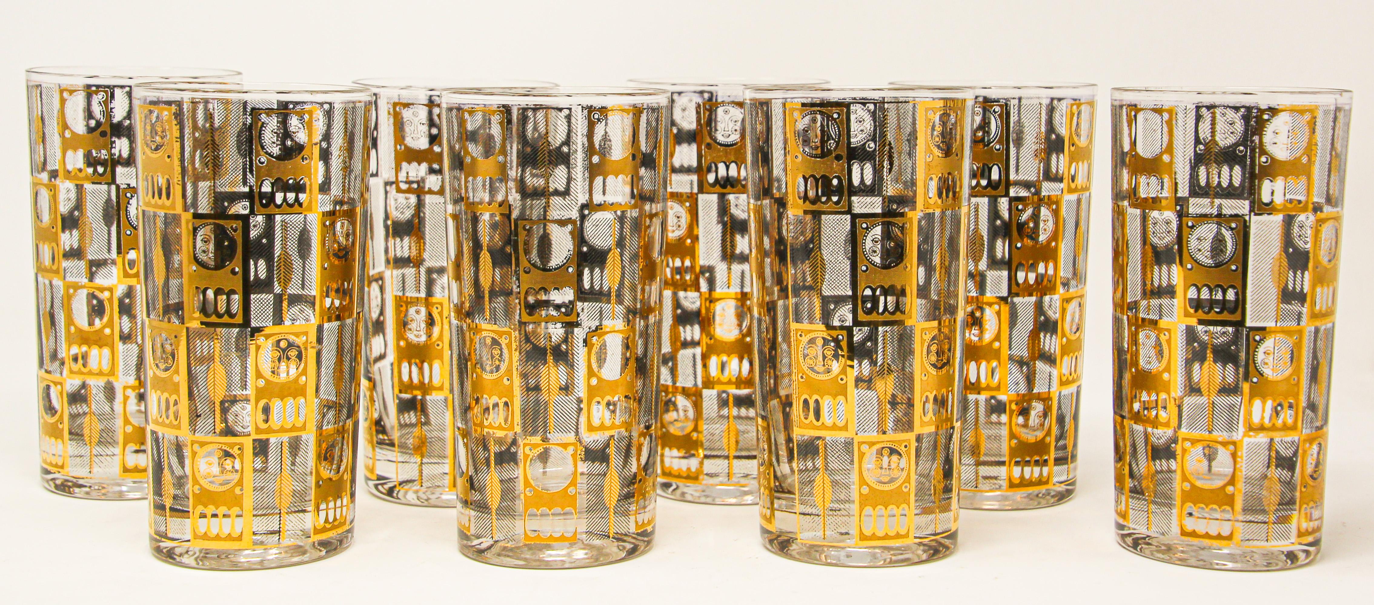 Hand-Painted Vintage Eight Highball Brown and Gold Glasses in a Cart by Culver