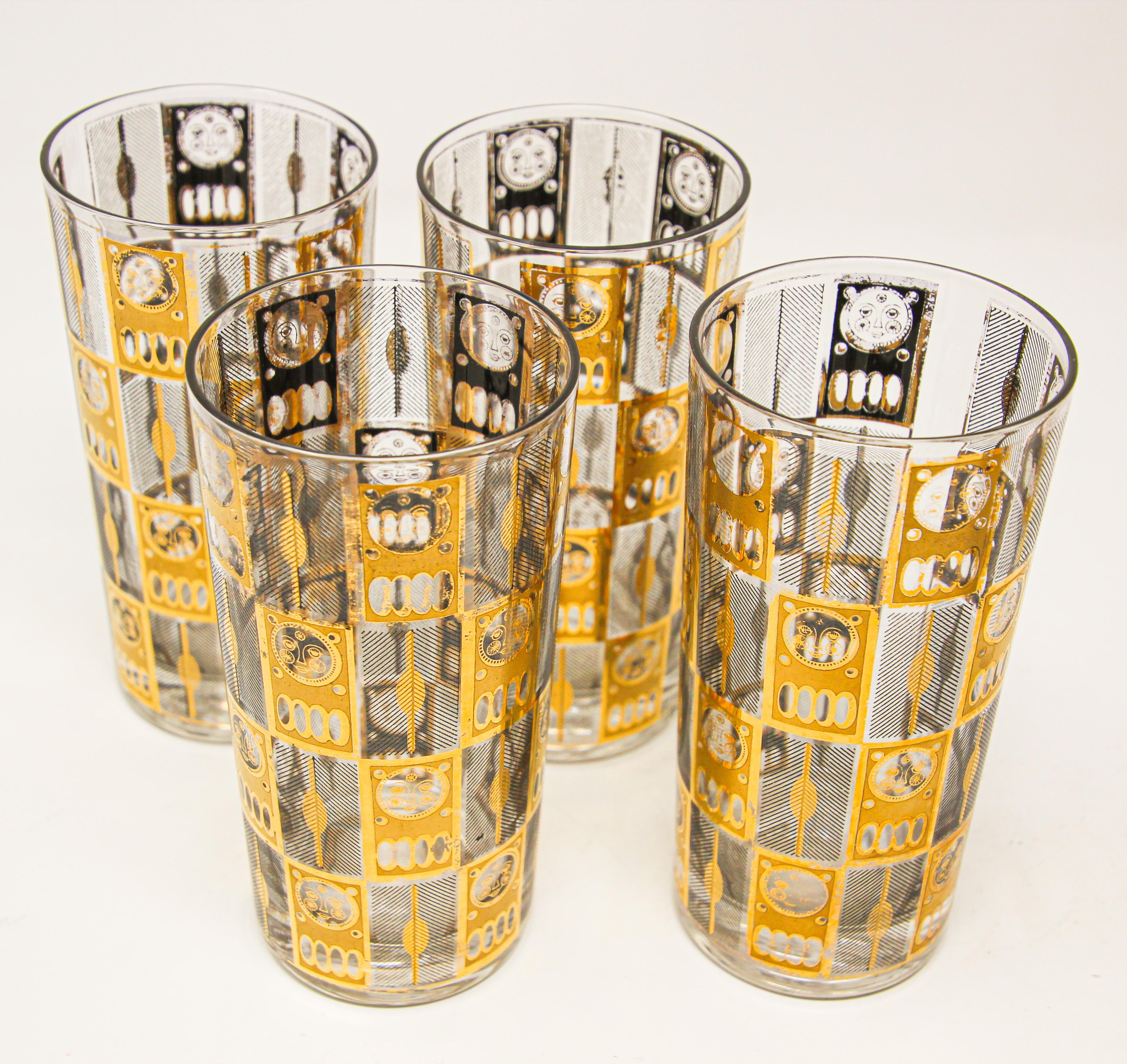 20th Century Vintage Eight Highball Brown and Gold Glasses in a Cart by Culver