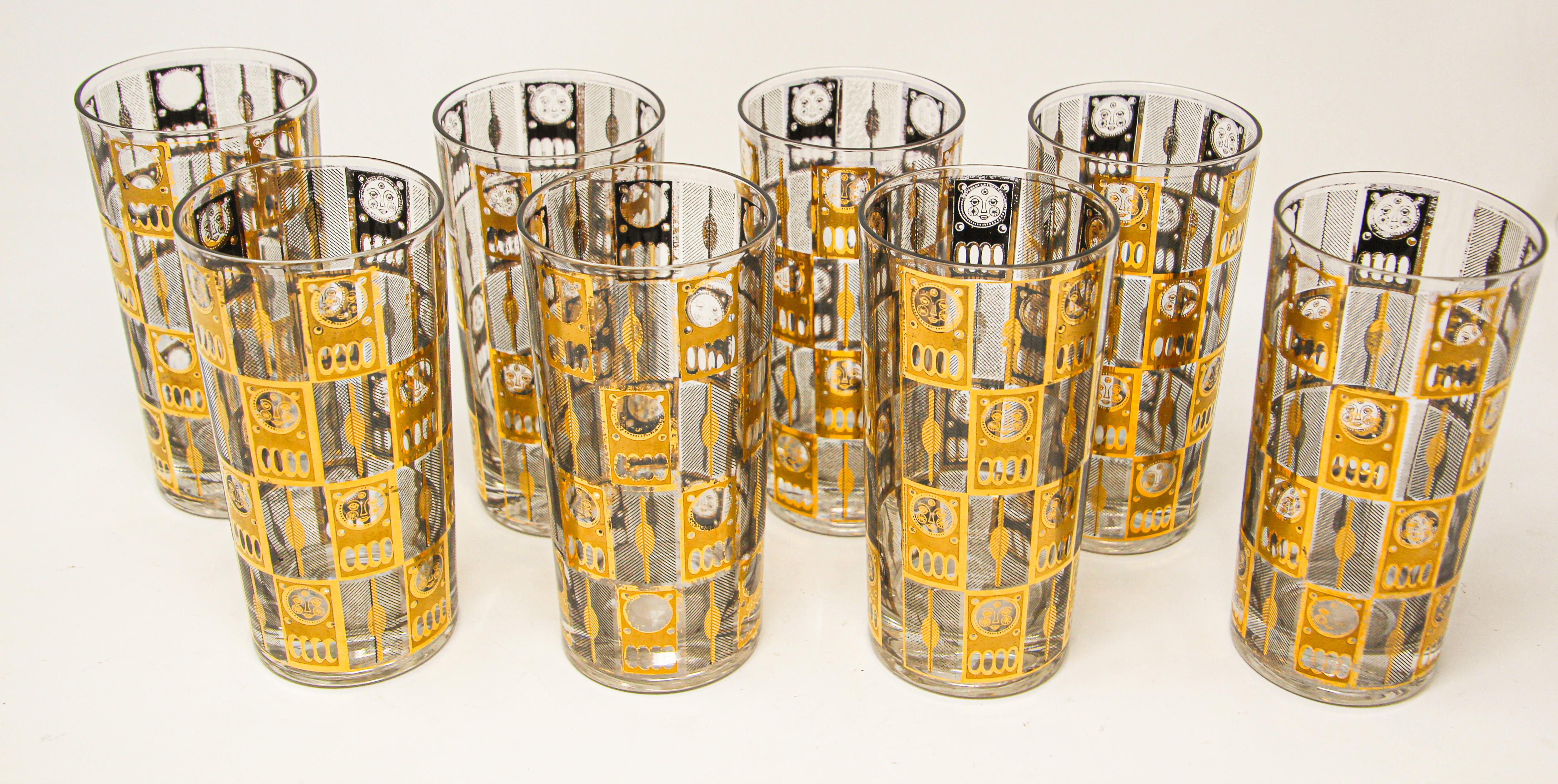Gold Leaf Vintage Eight Highball Brown and Gold Glasses in a Cart by Culver
