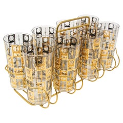 Vintage Eight Highball Brown and Gold Glasses in a Cart by Culver