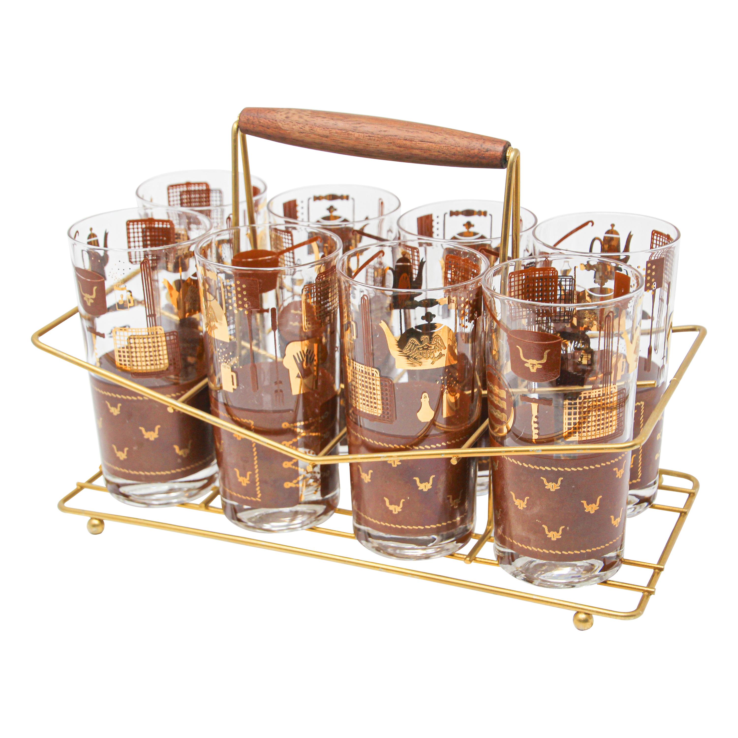 Vintage Eight Highball 22 K Gold Glasses in a Brass Cart by Libbey For
