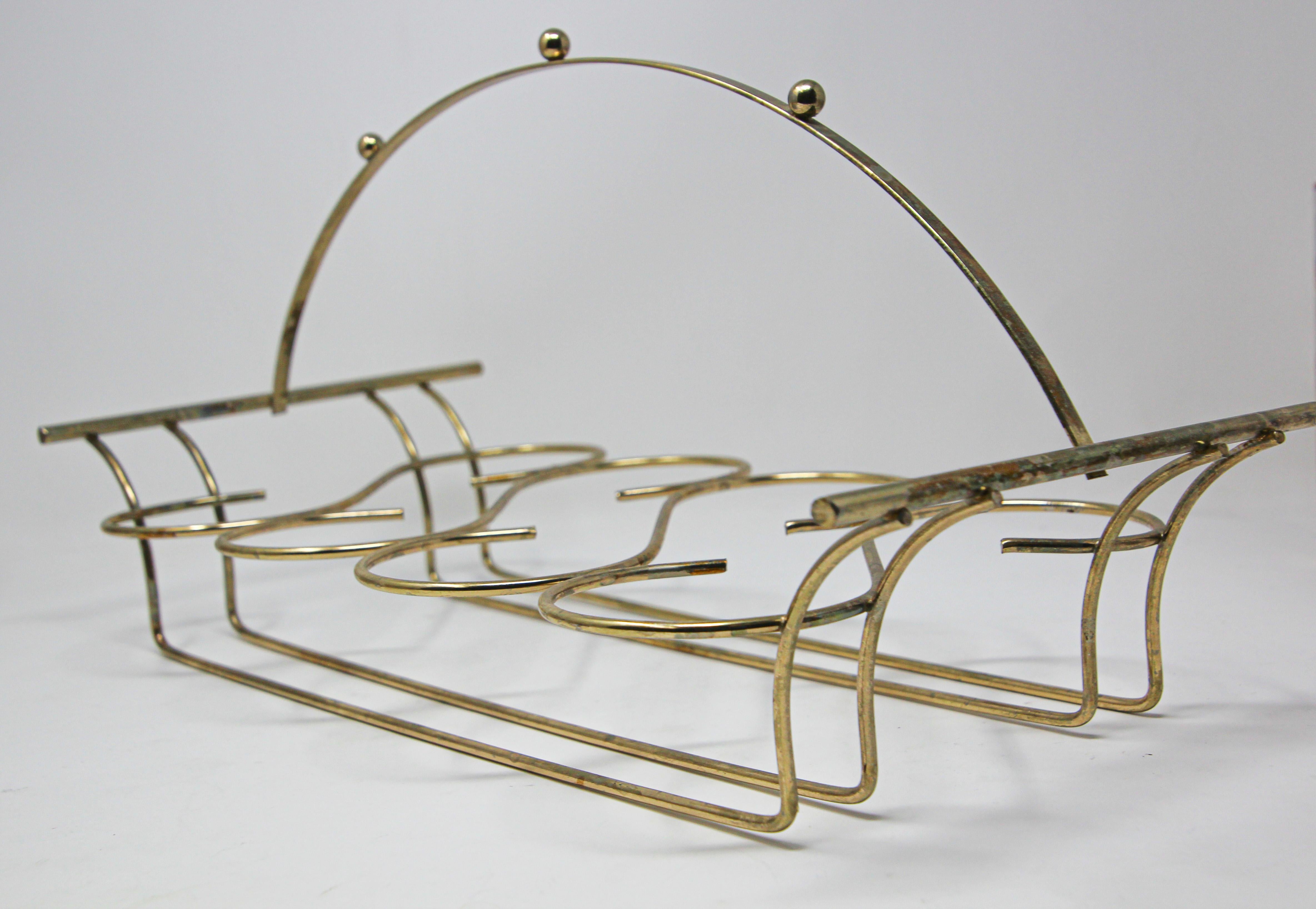 Mid-Century Modern Vintage Eight Highball 22 K Gold Glasses in a Brass Cart by Libbey For Sale