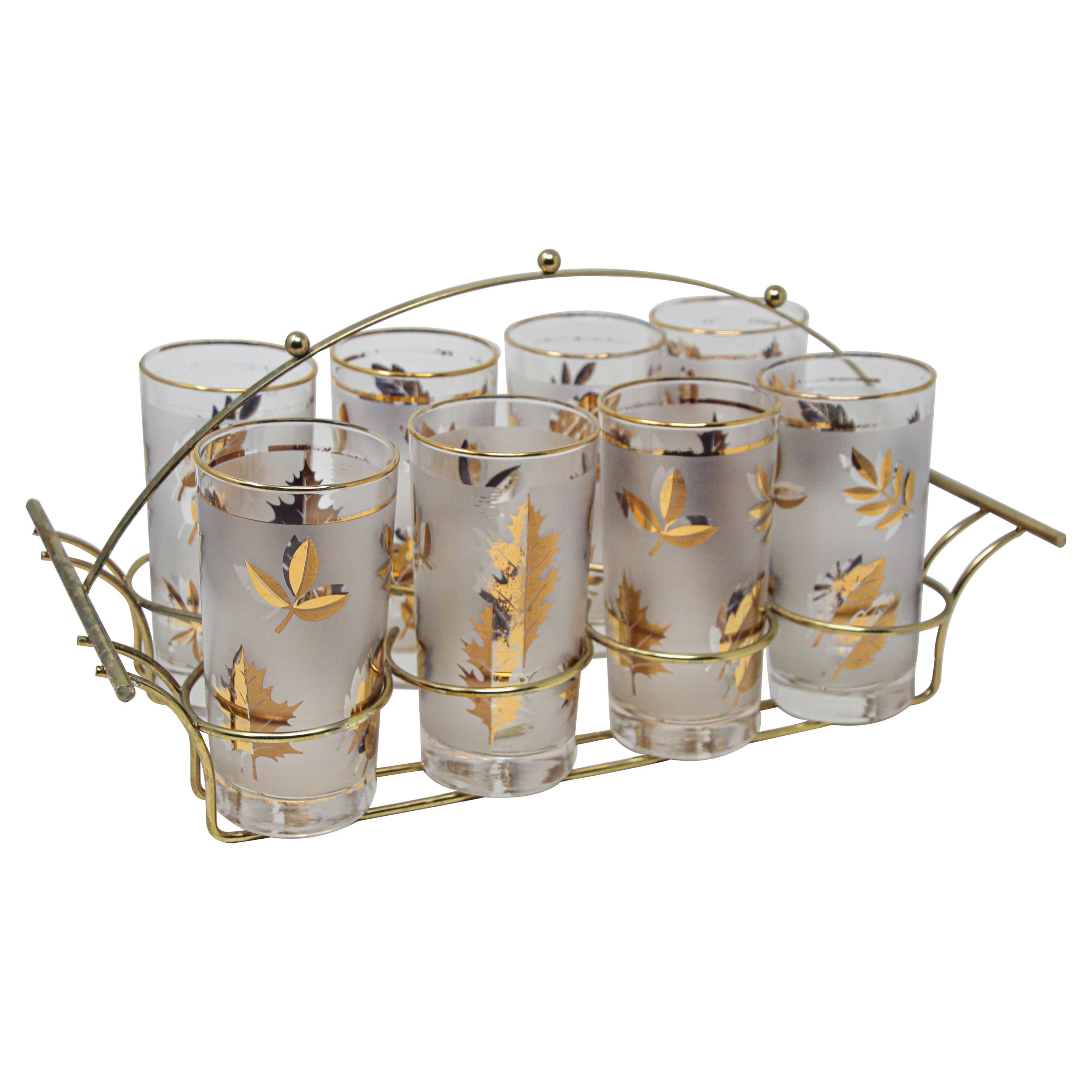 Huit verres longs vintage en or 22 carats dans un chariot en laiton de Libbey en vente