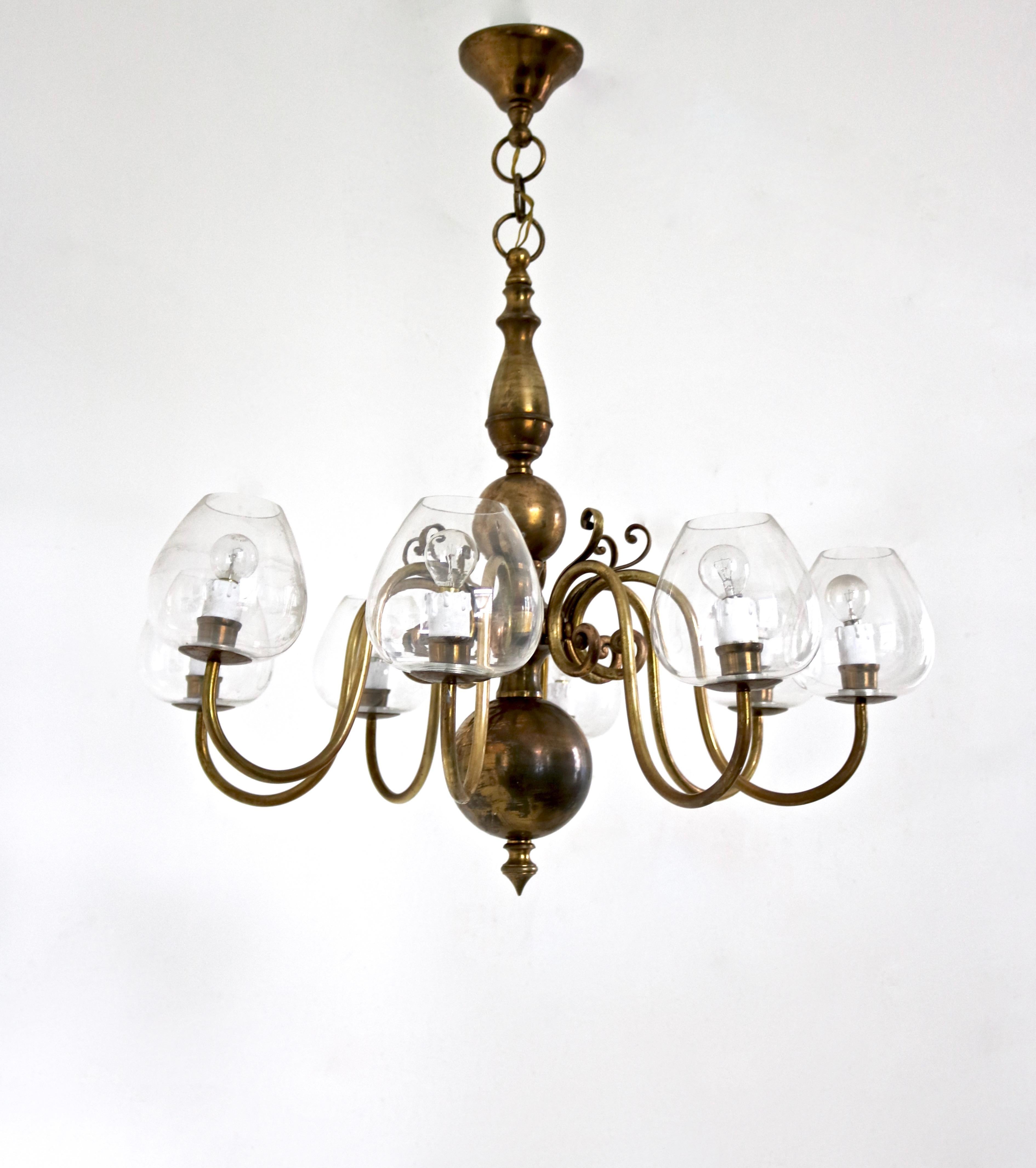 Mid-Century Modern Vintage Eight-Light Brass Chandelier with Murano Glass Lampshades, Italy