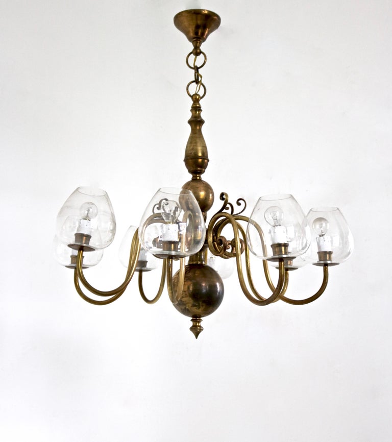 Mid-Century Modern Vintage Eight-Light Brass Chandelier with Murano Glass Lampshades, Italy For Sale