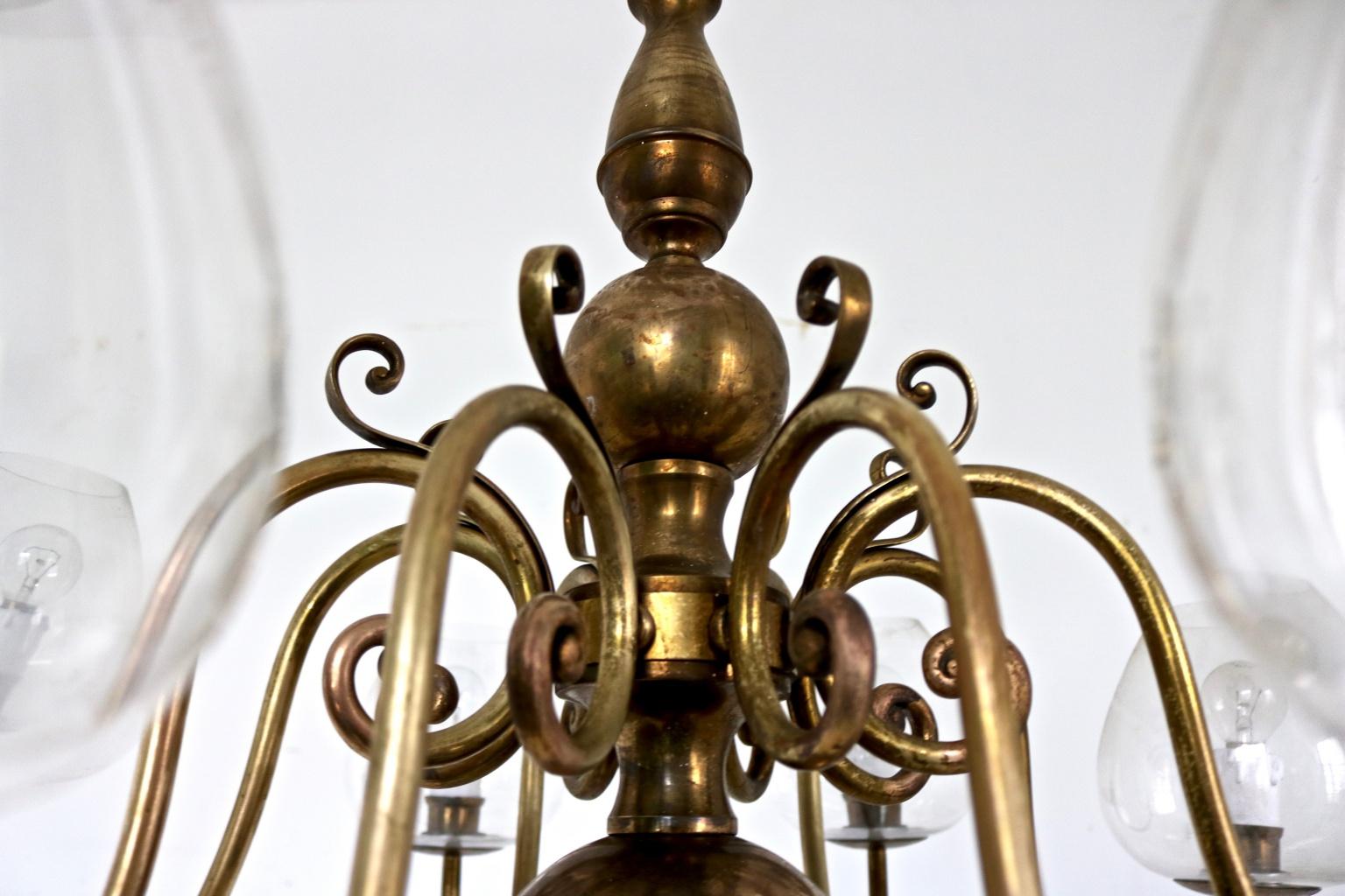 Vintage Eight-Light Brass Chandelier with Murano Glass Lampshades, Italy 2