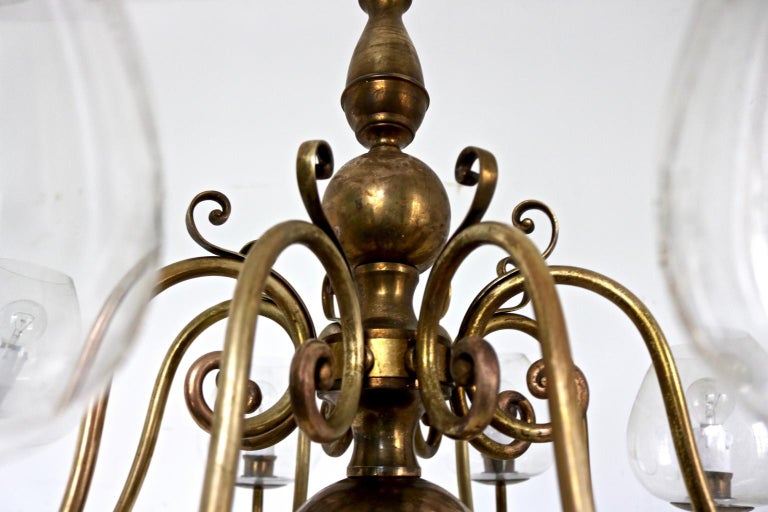 Vintage Eight-Light Brass Chandelier with Murano Glass Lampshades, Italy For Sale 2