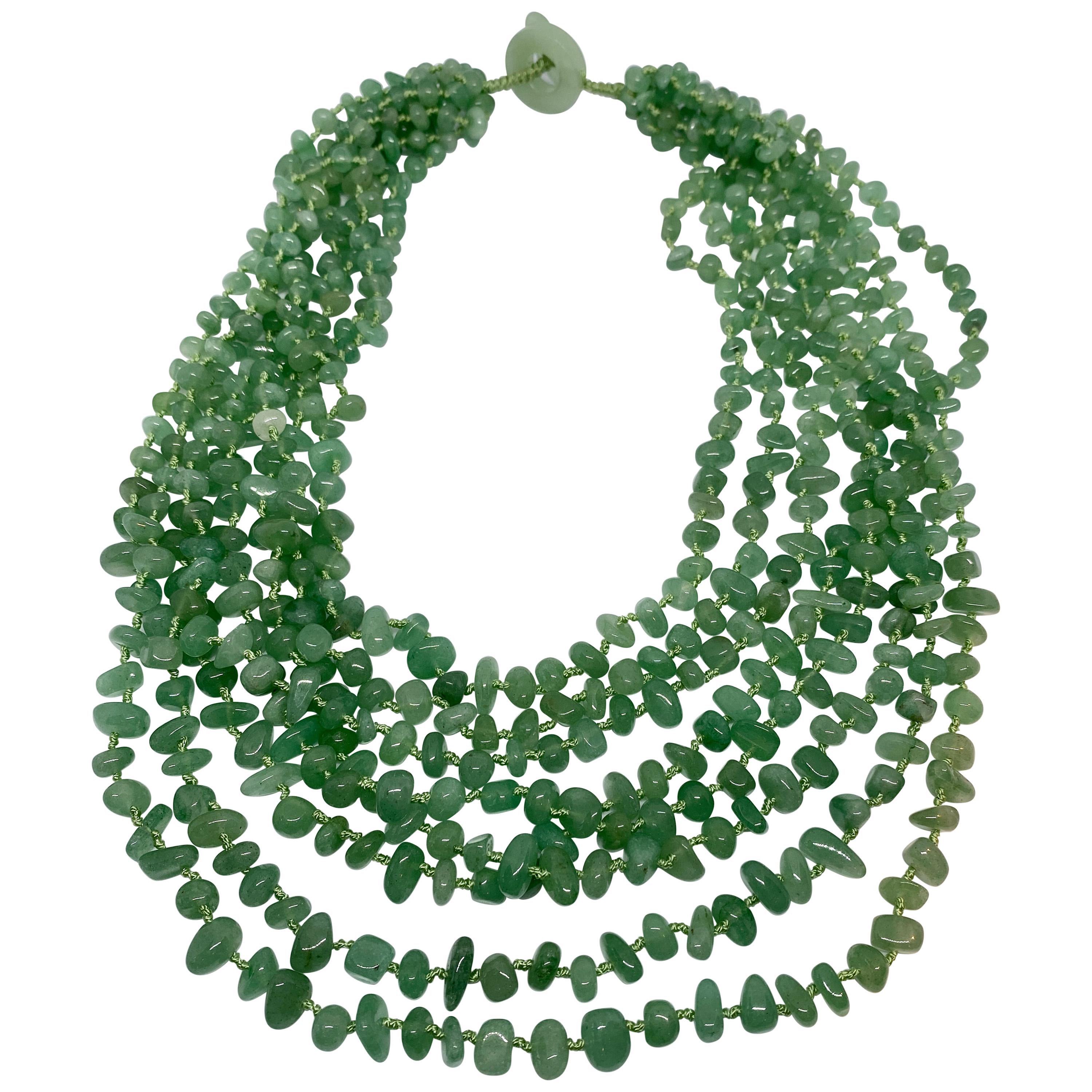 Vintage Eight-Strand Aventurine Necklace on Hand Knotted Silk Thread For Sale