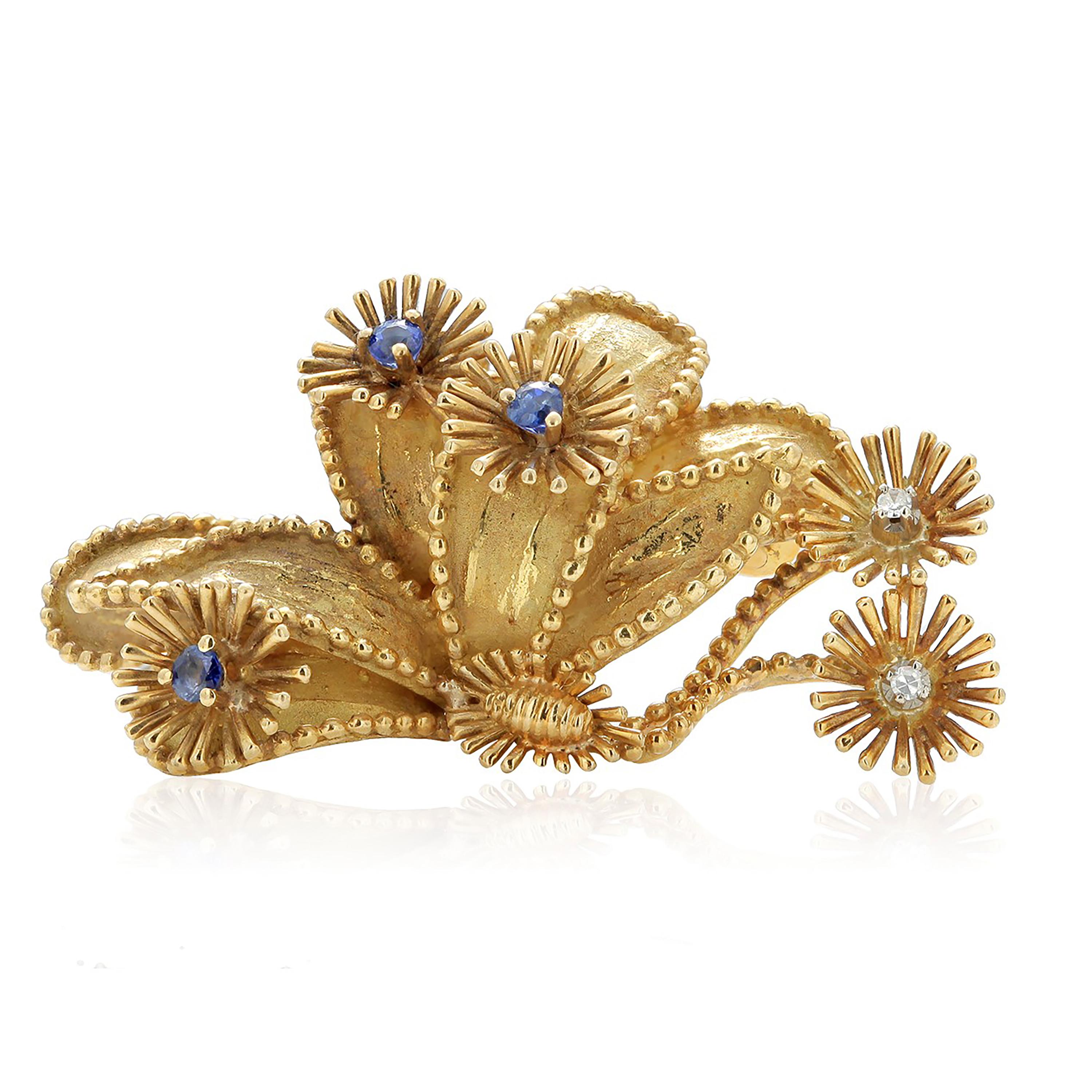 Tiffany and Co Eighteen Karat Gold Sapphires Diamonds Floral Brooch  In Good Condition In New York, NY