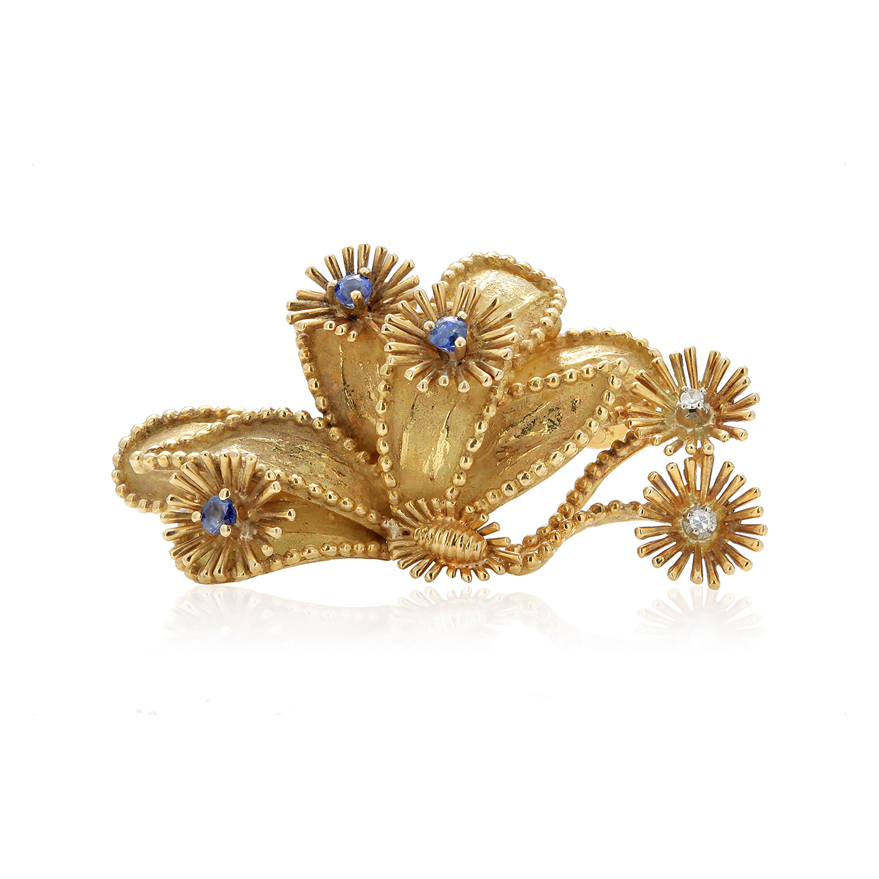 Tiffany and Co Eighteen Karat Gold Sapphires Diamonds Floral Brooch  1