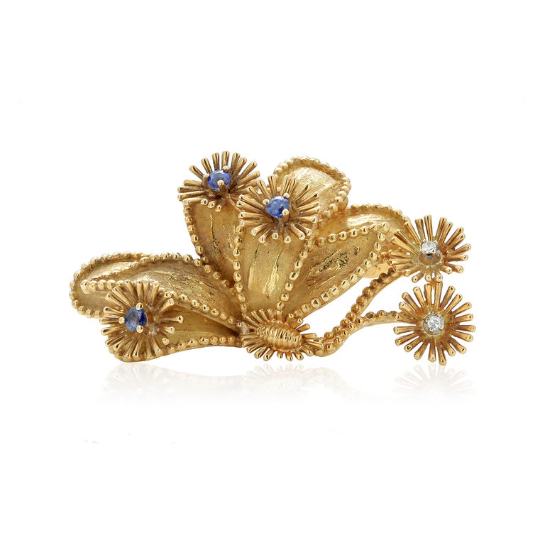 Vintage Eighteen Karat Gold Brooch by Tiffany and Co with Sapphires and Diamonds For Sale 4