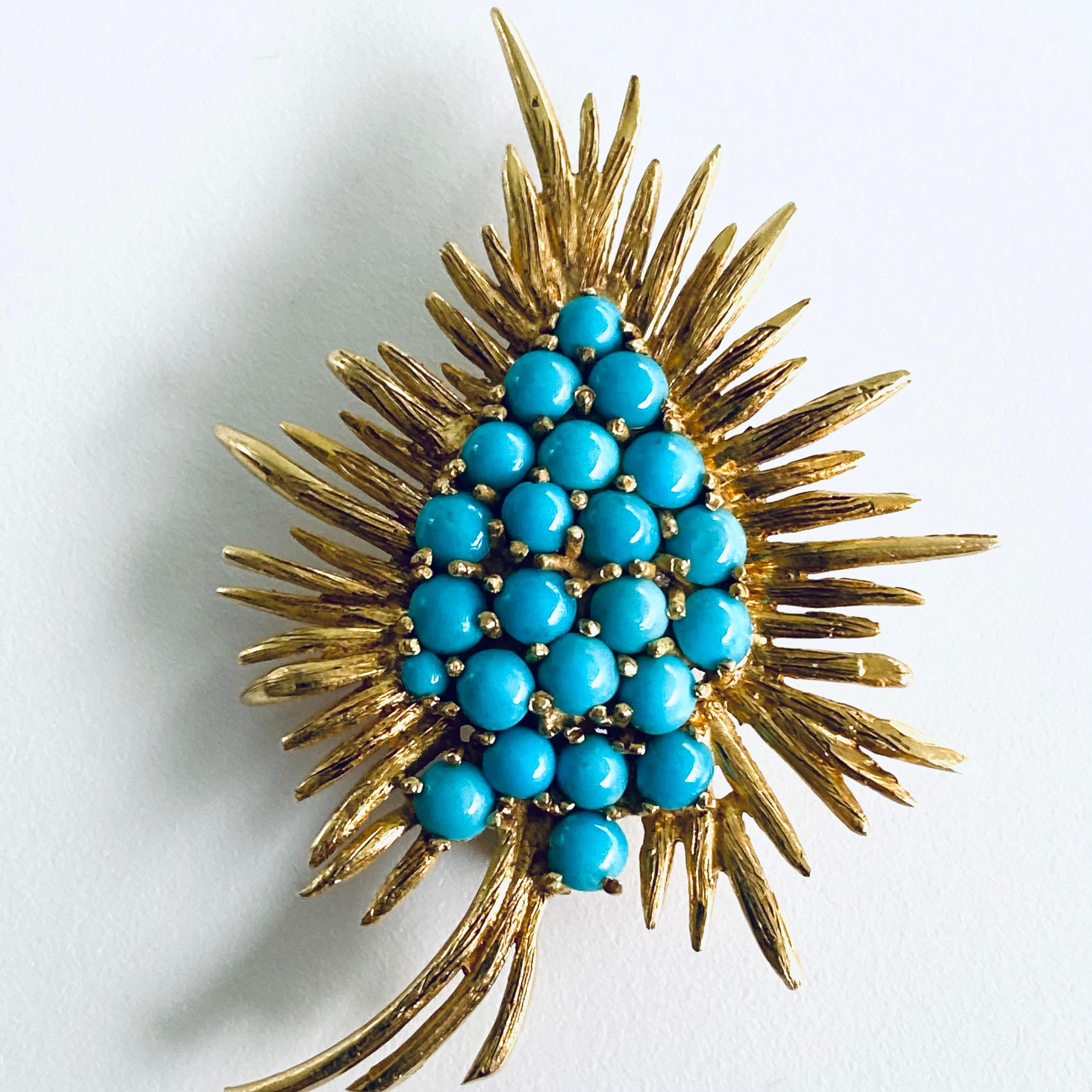 Round Cut Vintage Eighteen Karat Gold Brutalist Style Leaf Brooch Cluster of Turquoise