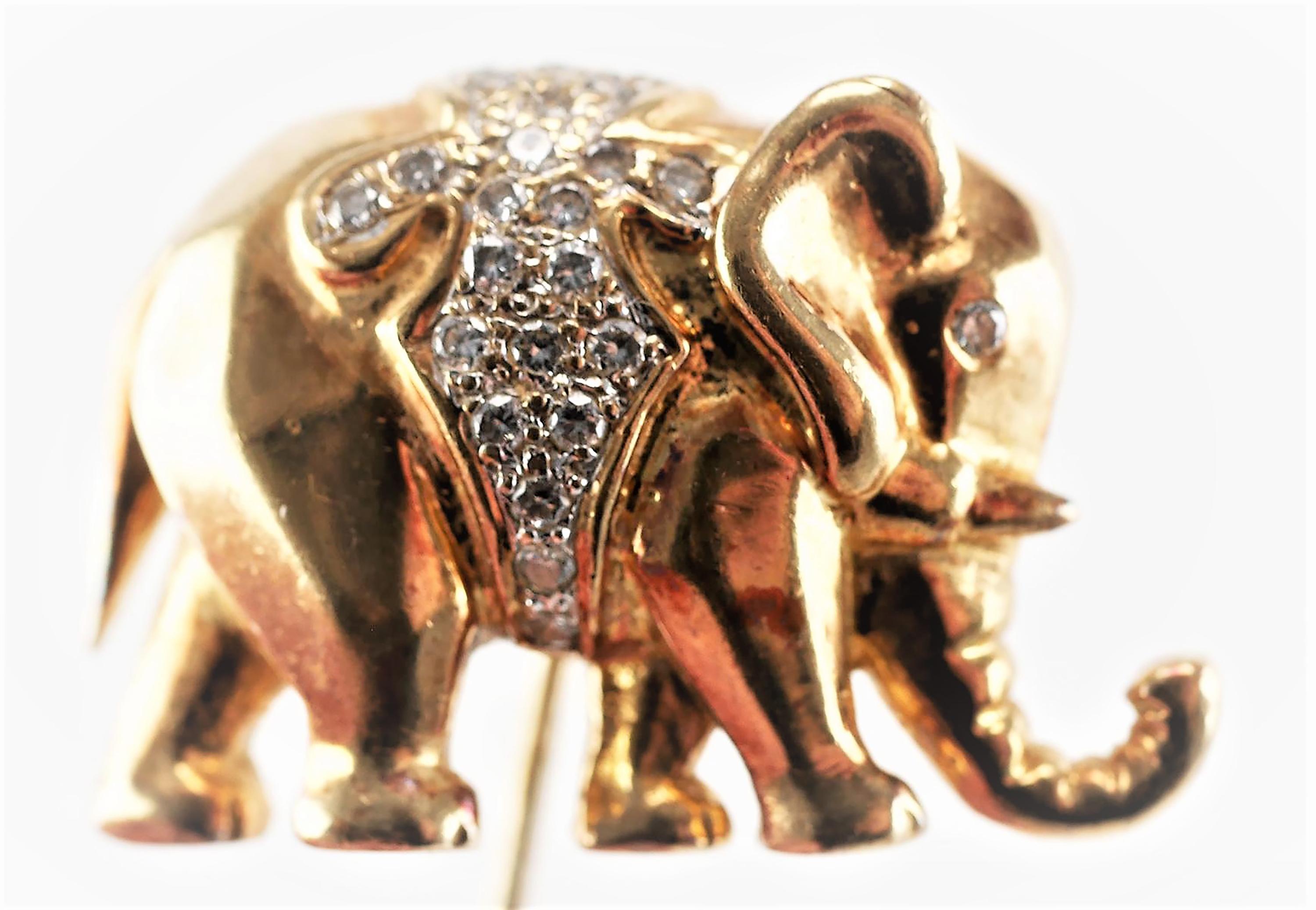 Modernist Vintage Eighteen Karat Yellow Gold Elephant  Diamond Brooch