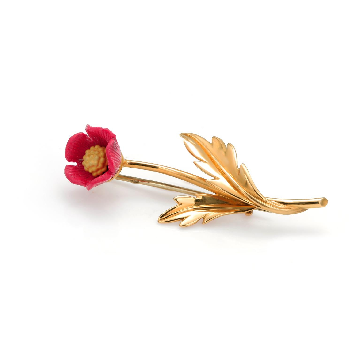 Women's or Men's Eighteen Karat Yellow Gold Pin with Red Poppy