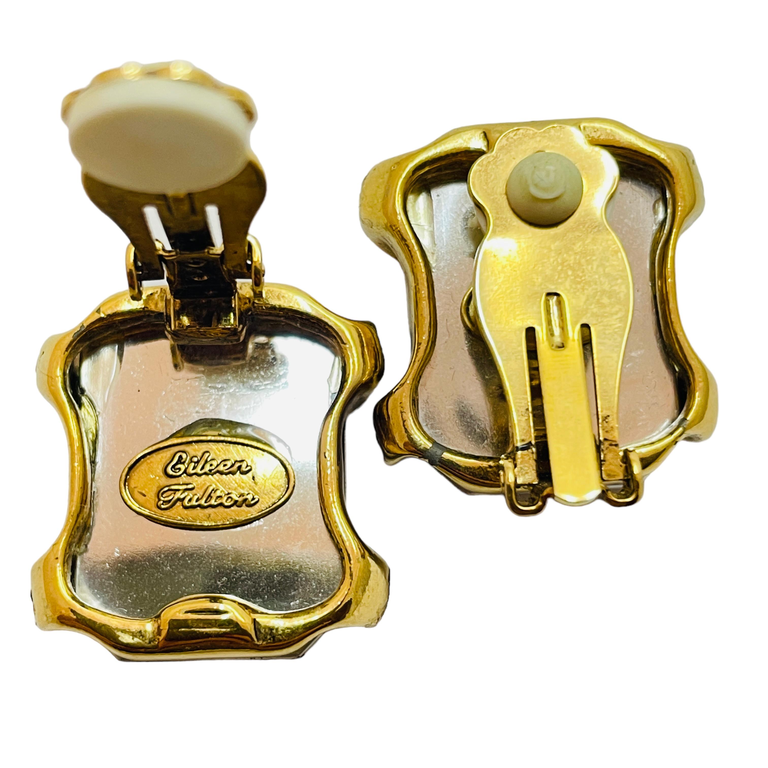 Women's or Men's Vintage EILEEN FULTON gold rhinestone clip on earrings For Sale