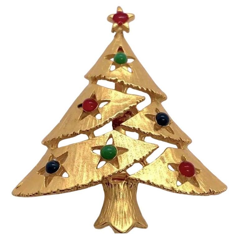 Women's or Men's Vintage Eisenberg Designer Signed Faux Gemstone Christmas Tree Brooch Pin For Sale