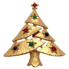 Vintage Eisenberg Designer Signed Faux Gemstone Christmas Tree Brooch Pin