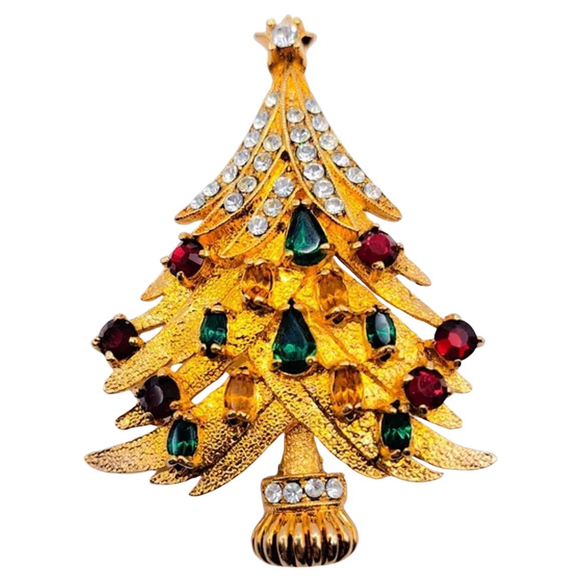 Vintage Eisenberg Designer Signed Faux Gemstone Christmas Tree Brooch Pin