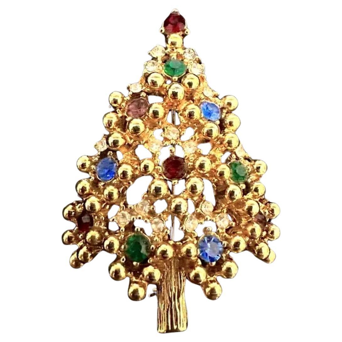 Vintage Eisenberg Designer Signed Faux Gemstone Christmas Tree Brooch Pin For Sale