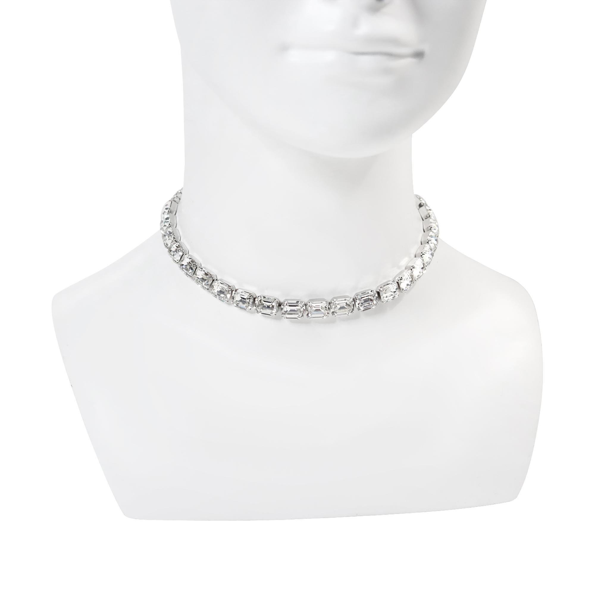 Vintage Diamante Emerald Cut Choker, Circa 1980s. This is a cool piece, but it lacks curb appeal until you see it in person. Then it comes alive. It's a smaller and thinner piece with sideways emerald cuts. This is chic at its best!   The photos