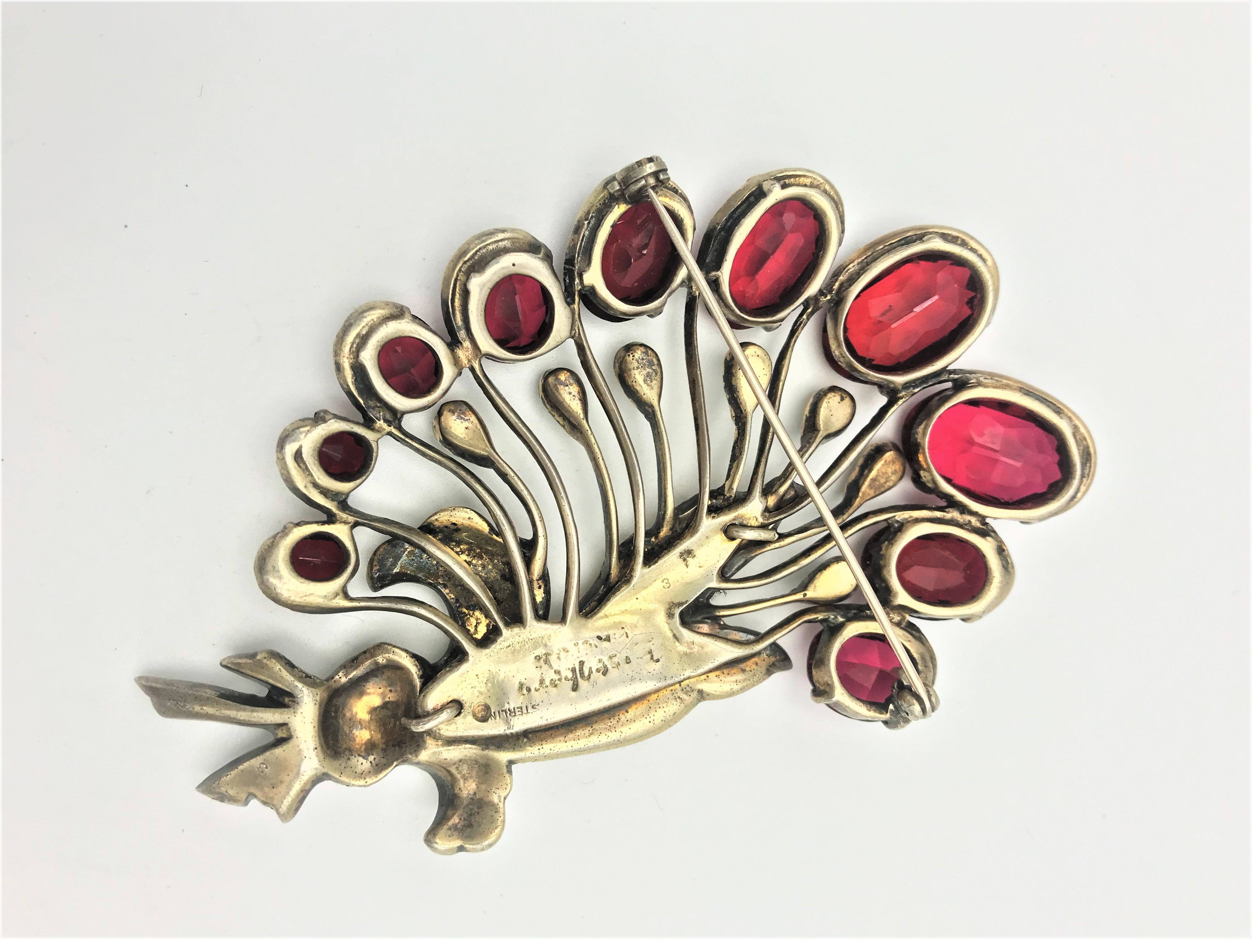 Oval Cut Vintage EISENBERG flower brooch sterling gold plated with rhinestones 1940 US 