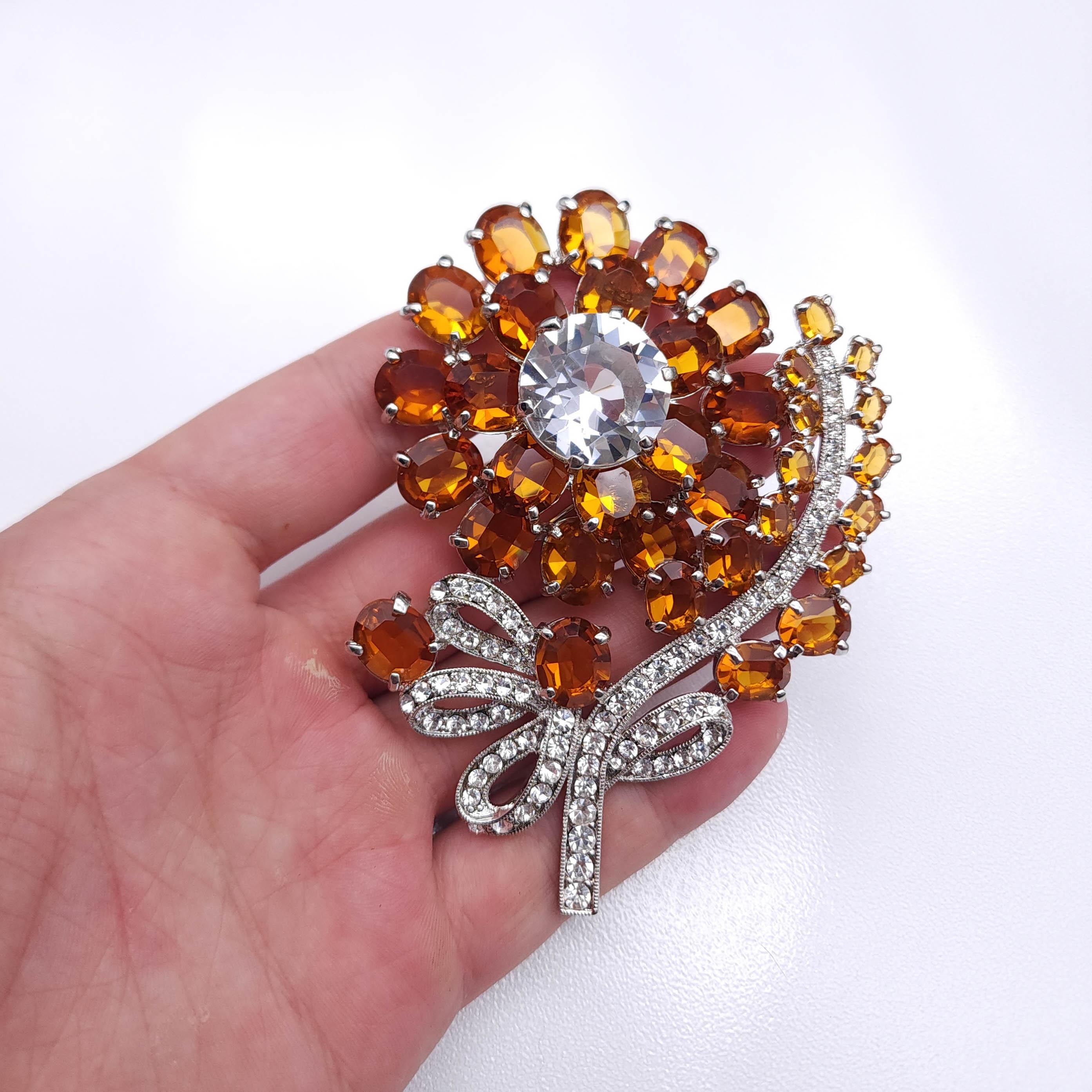 Retro Vintage Eisenberg Ice 2000 Sapphire Aquamarine Crystal Flower Pin Brooch, Silver For Sale