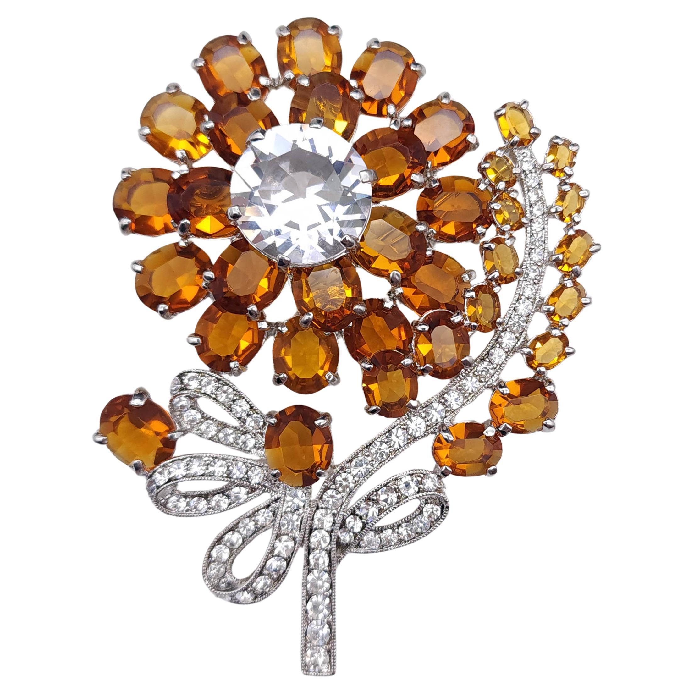 Broche fleur vintage Eisenberg Ice 2000 saphir aigue-marine cristal, argent en vente