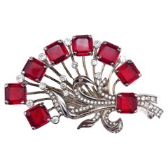 Used Eisenberg Ice Ruby & Clear Crystal Flower Bouquet Pin Brooch, Silver