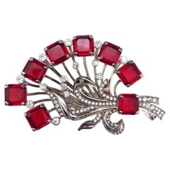 Vintage Eisenberg Ice Ruby & Clear Crystal Flower Bouquet Pin Brooch, Silver