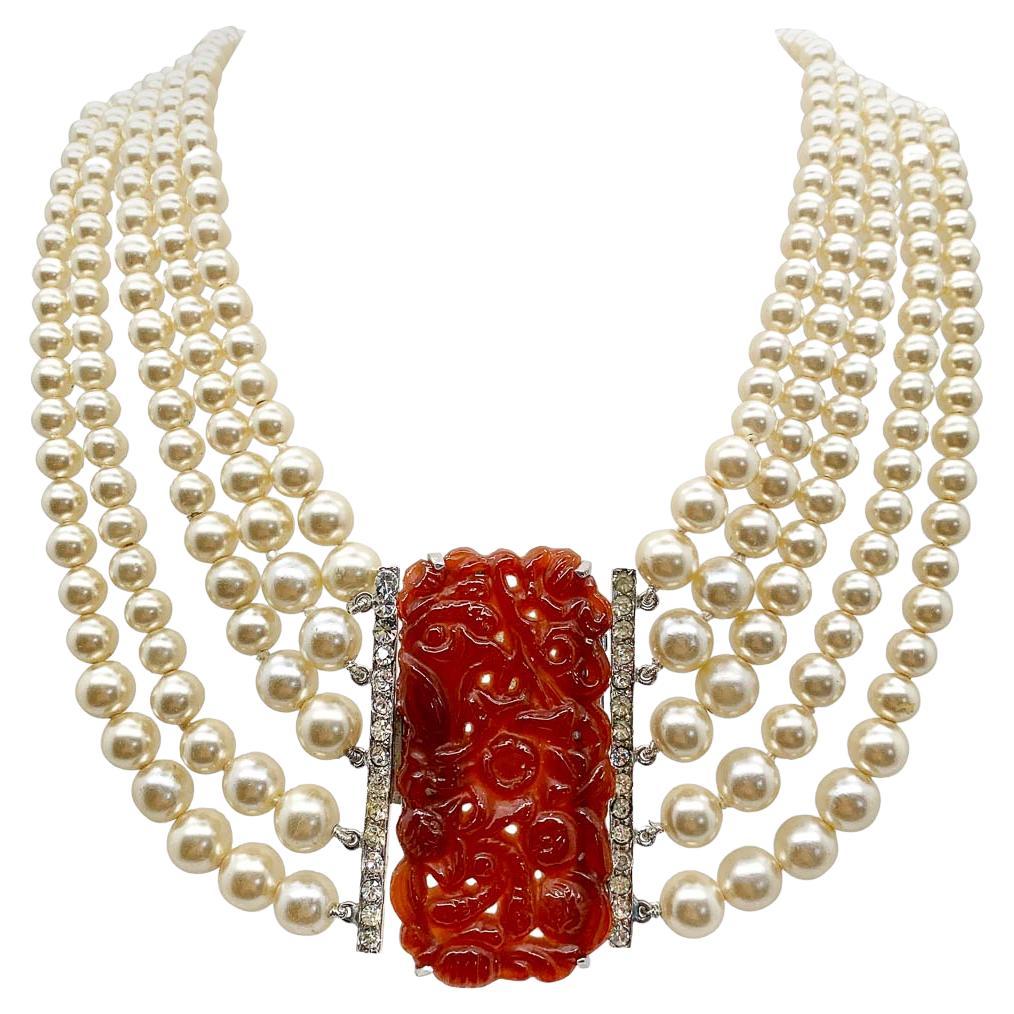 Vintage Eisenberg & Sons Carnelian Carved Plaque & Pearl Collar 1940s For Sale