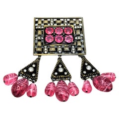 Vintage EISENBERG woven brooch, ealry 1940s,  USA pink stones, brass