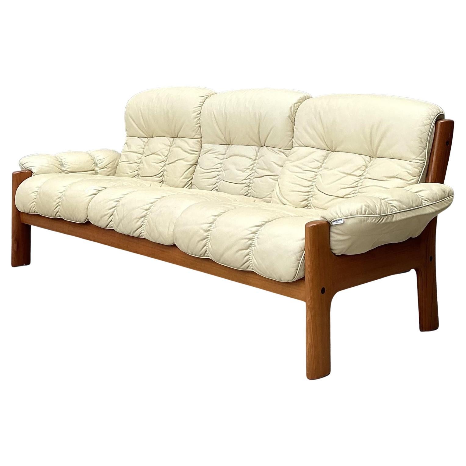 Vintage Ekornes Channel Tufted Leather Sofa For Sale